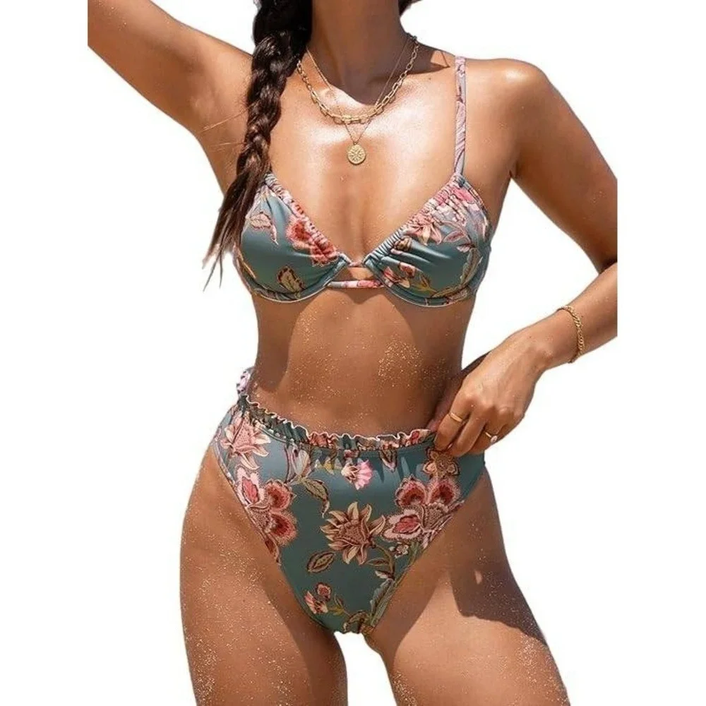 Cupshe Womens Floral Underwire Bikini Set High Waisted Ruffle Grey Pink New‎
